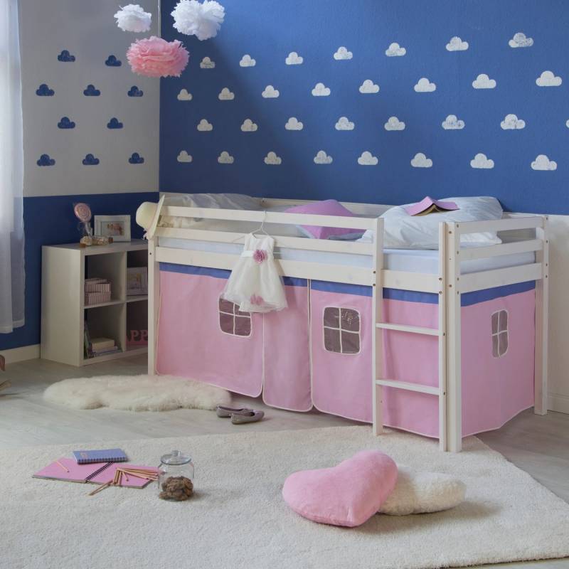 Homestyle4u Hochbett 90x200 mit Vorhang Lattenrost und Matratze in Weiß 2556 von Homestyle4u