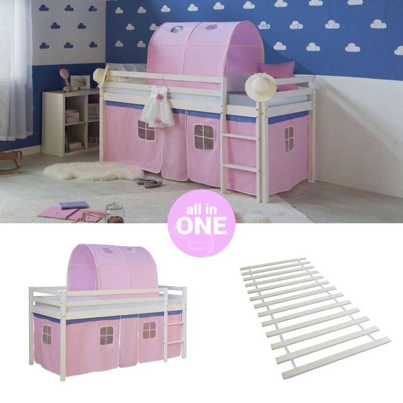 Homestyle4u Hochbett 90x200 mit Vorhang Lattenrost und Tunnel in Weiß 2551 von Homestyle4u