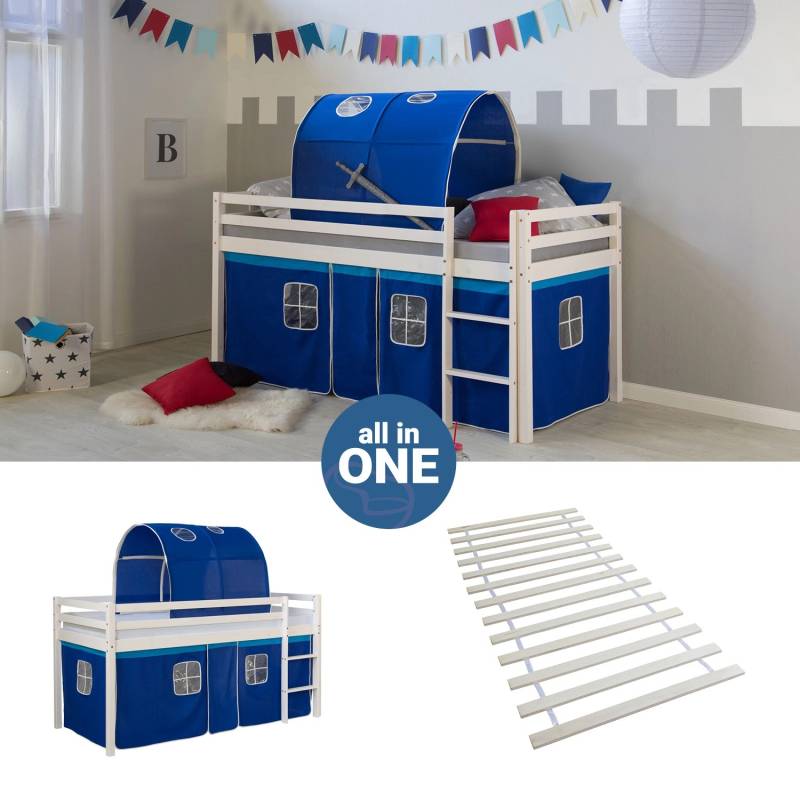 Homestyle4u Hochbett 90x200 mit Vorhang Lattenrost und Tunnel in Weiß 2563 von Homestyle4u