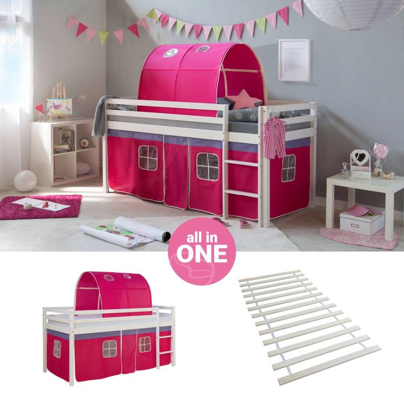 Homestyle4u Hochbett 90x200 mit Vorhang Lattenrost und Tunnel in Weiß 2575 von Homestyle4u