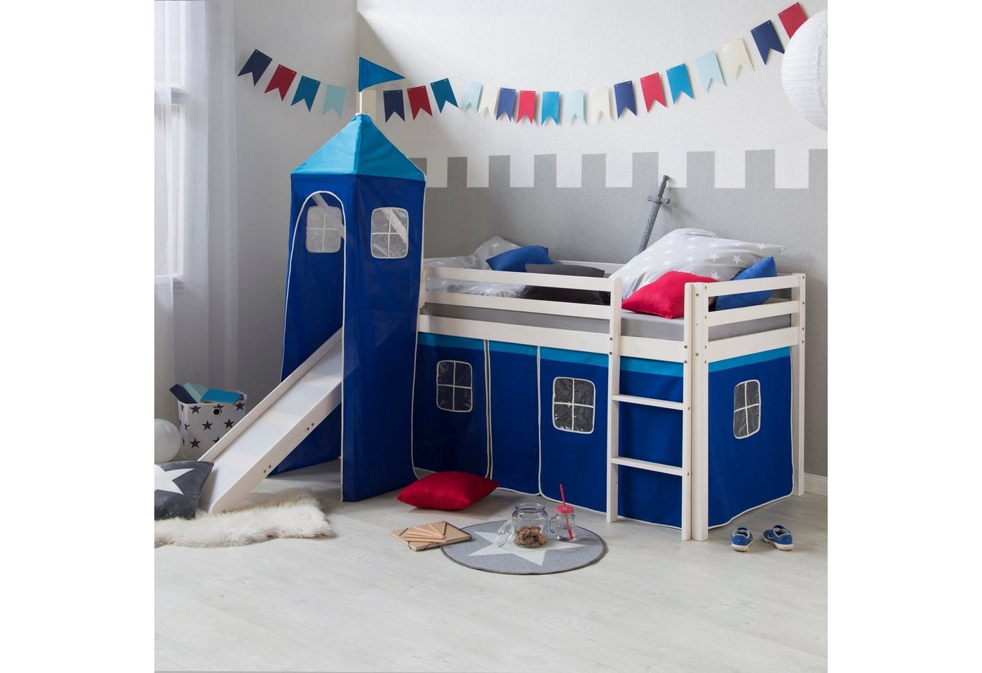 Homestyle4u Hochbett 90x200 mit Vorhang Stockbett Kinderbett Holz Weiß Blau Kinder (Set, Set, mit Rutsche und Turm, Spielbett) mit Rausfallschutz, Blau, Junge von Homestyle4u
