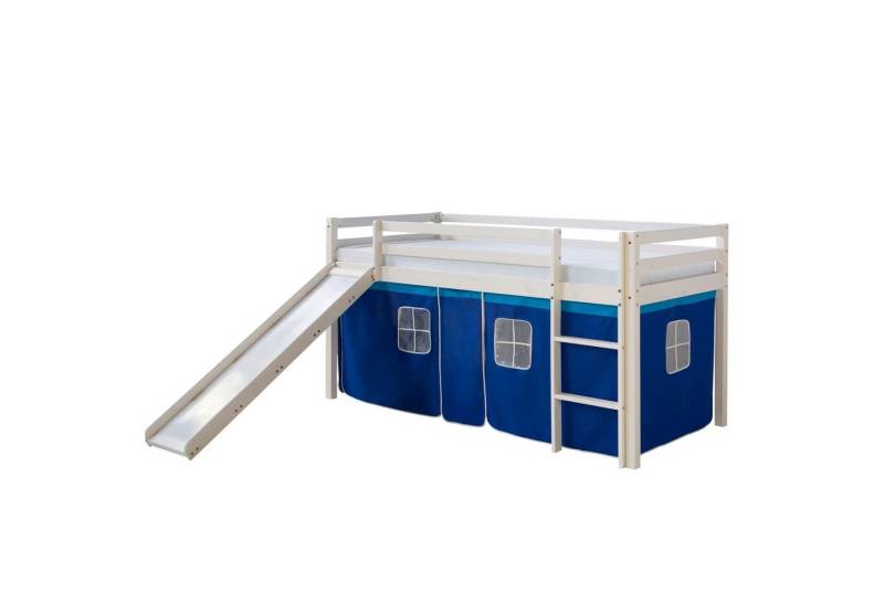 Homestyle4u Hochbett 90x200 mit Vorhang Stockbett Kinderbett Holz Weiß Blau Kinder (Komplett-Set mit Lattenrost, mit Rutsche, Matratze mit OEKO-TEX® Standard 100) mit Rausfallschutz, Blau, Junge, Spielbett von Homestyle4u