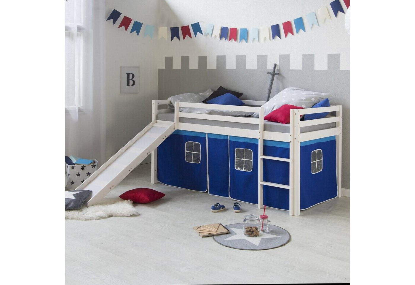 Homestyle4u Hochbett 90x200 mit Vorhang Stockbett Kinderbett Holz Weiß Blau Kinder (Set, mit Rutsche, Junge, Spielbett) mit Rausfallschutz, Blau, Junge von Homestyle4u