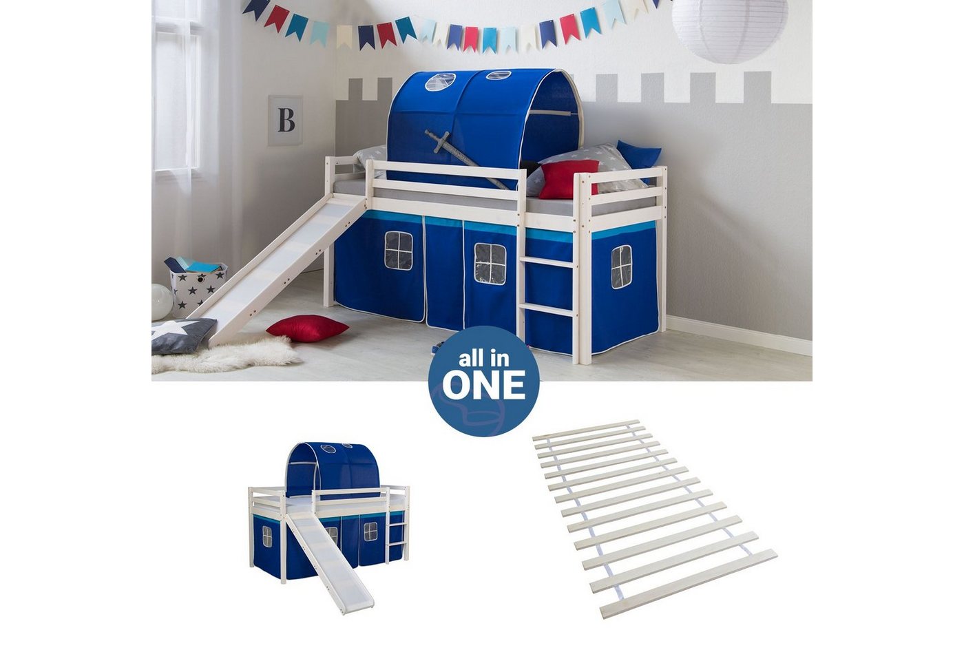 Homestyle4u Hochbett 90x200 mit Vorhang Stockbett Kinderbett Holz Weiß Blau Kinder (Set, mit Tunnel, Rutsche, Lattenrost, Spielbett) mit Rausfallschutz, Blau, Junge von Homestyle4u