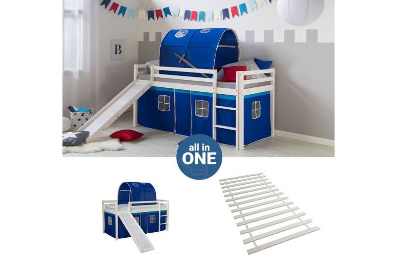 Homestyle4u Hochbett 90x200 mit Vorhang Stockbett Kinderbett Holz Weiß Blau Kinder (Set, mit Tunnel, Rutsche, Lattenrost, Spielbett) mit Rausfallschutz, Blau, Junge von Homestyle4u
