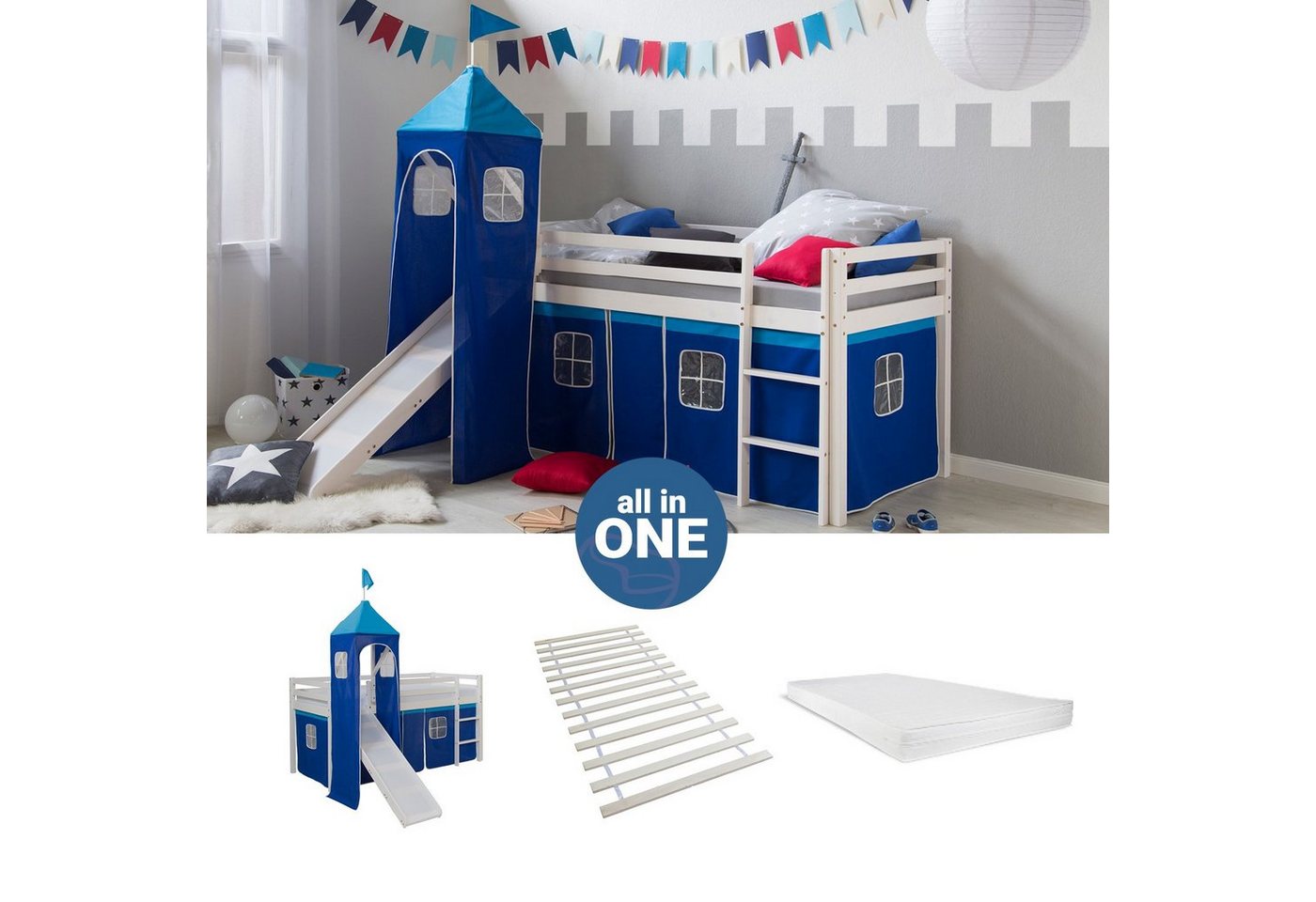 Homestyle4u Hochbett 90x200 mit Vorhang Stockbett Kinderbett Holz Weiß Blau Kinder (Komplett-Set mit Lattenrost, mit Rutsche, mit Turm, Matratze mit OEKO-TEX® Standard 100) mit Rausfallschutz, Blau, Junge, Spielbett von Homestyle4u