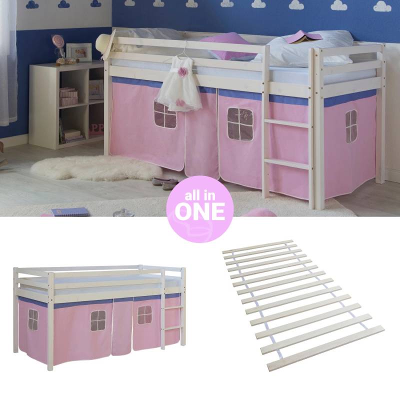 Homestyle4u Hochbett 90x200 mit Vorhang und Lattenrost in Weiß 2550 von Homestyle4u