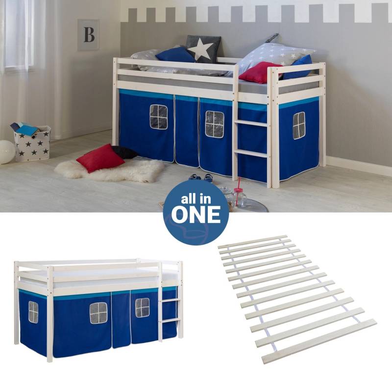 Homestyle4u Hochbett 90x200 mit Vorhang und Lattenrost in Weiß 2562 von Homestyle4u