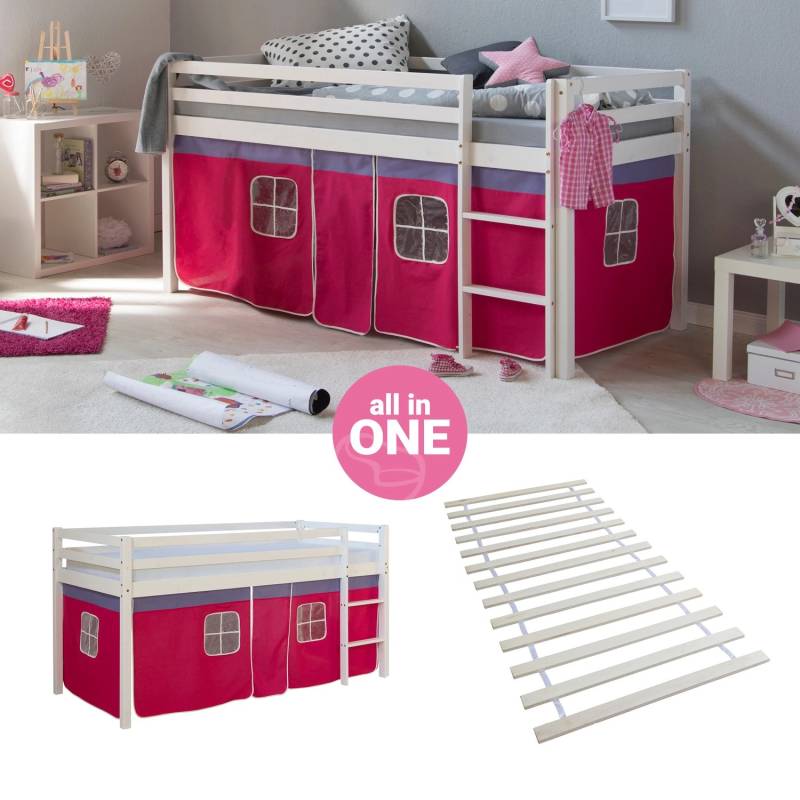Homestyle4u Hochbett 90x200 mit Vorhang und Lattenrost in Weiß 2574 von Homestyle4u