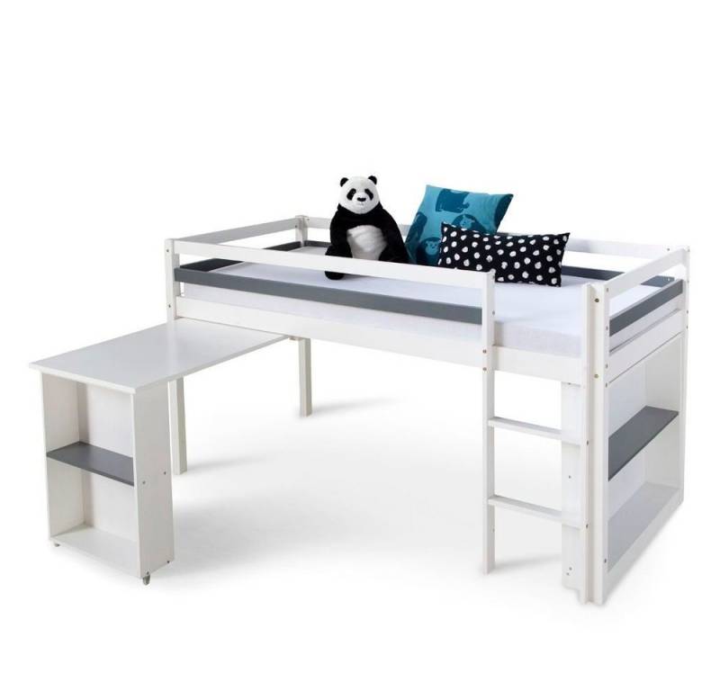 Homestyle4u Hochbett 90x200 Kinderbett Hochbett Weiß Massiv Kiefer Fächer Stauraum Treppe (Schreibtisch auf Rollen) mit Rausfallschutz, Schreibtisch auf Rollen, Jungen Mädchen von Homestyle4u