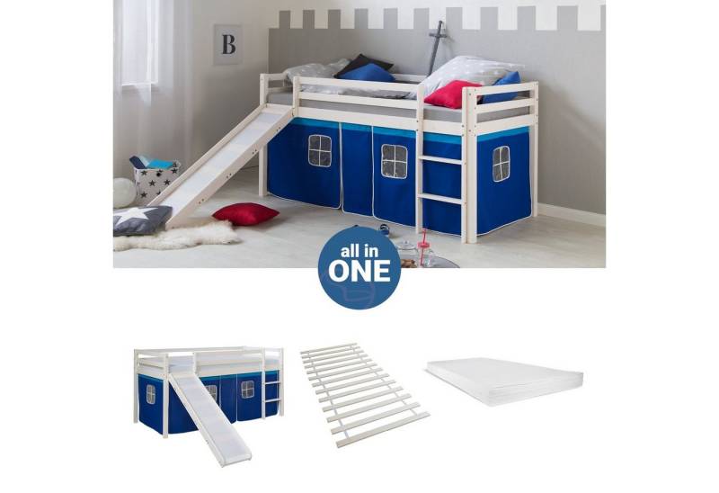 Homestyle4u Hochbett 90x200 cm Stockbett Kinderbett Holz Kiefer Spielbett mit Vorhang, Rutsche, Lattenrost, Matratze von Homestyle4u