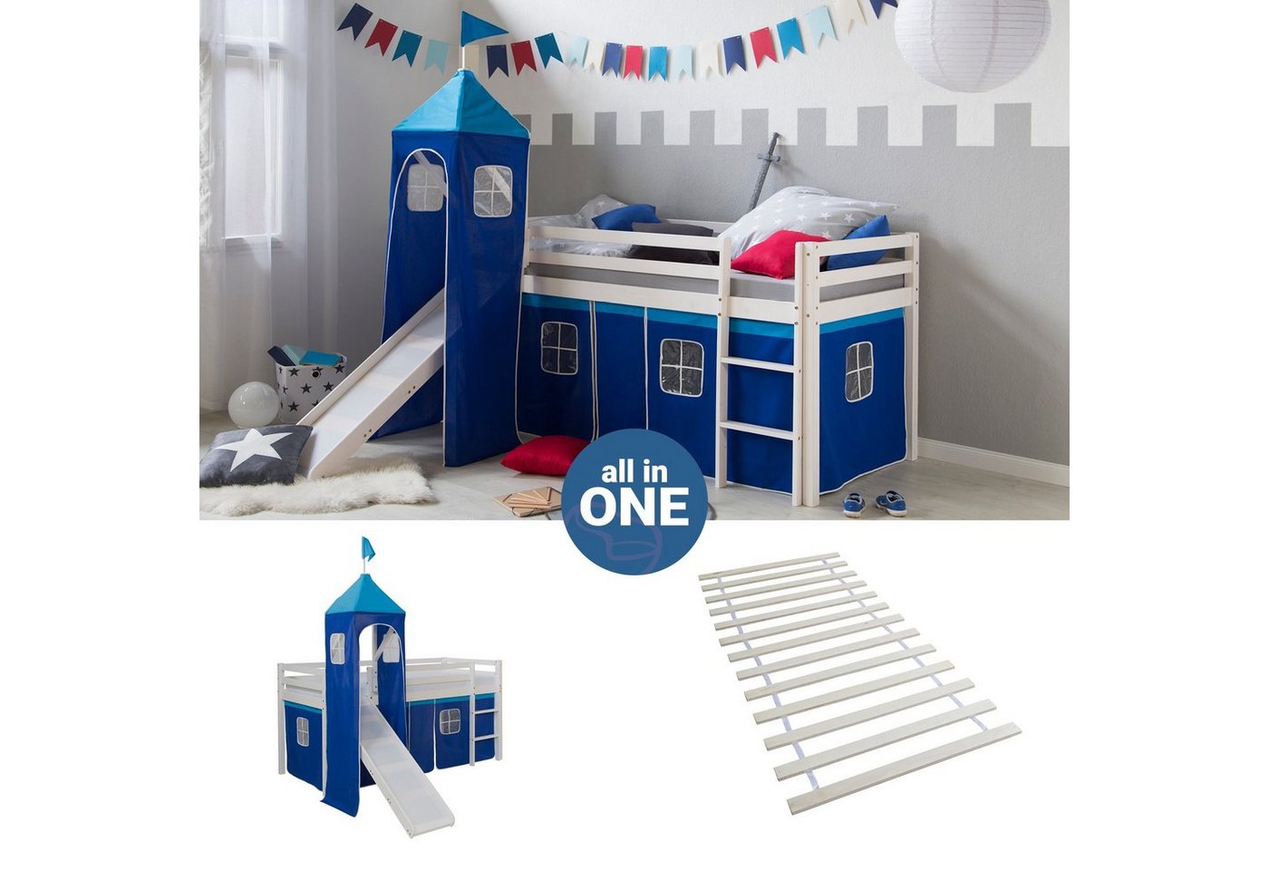 Homestyle4u Hochbett Kinderbett Matratze Rutsche Turm Blau Tunnel von Homestyle4u