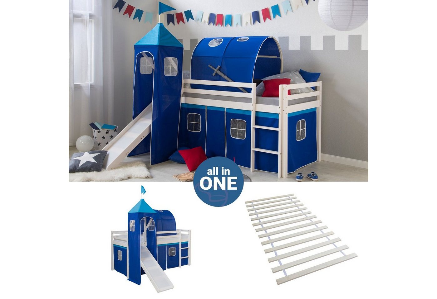 Homestyle4u Hochbett Kinderbett Matratze Rutsche Turm Blau Tunnel von Homestyle4u