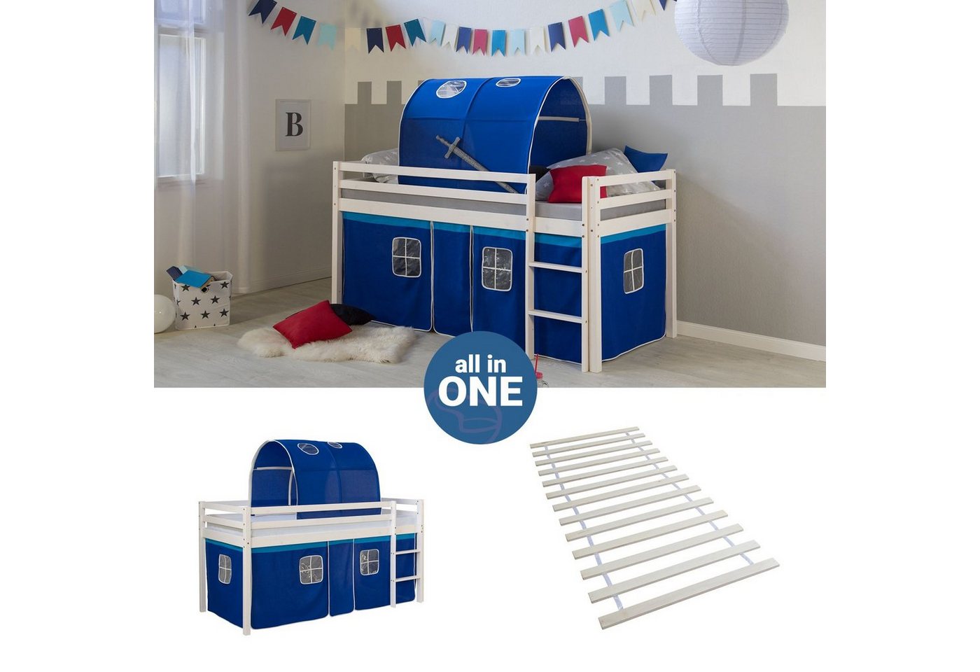 Homestyle4u Hochbett Kinderbett Matratze Rutsche Turm Blau Tunnel von Homestyle4u