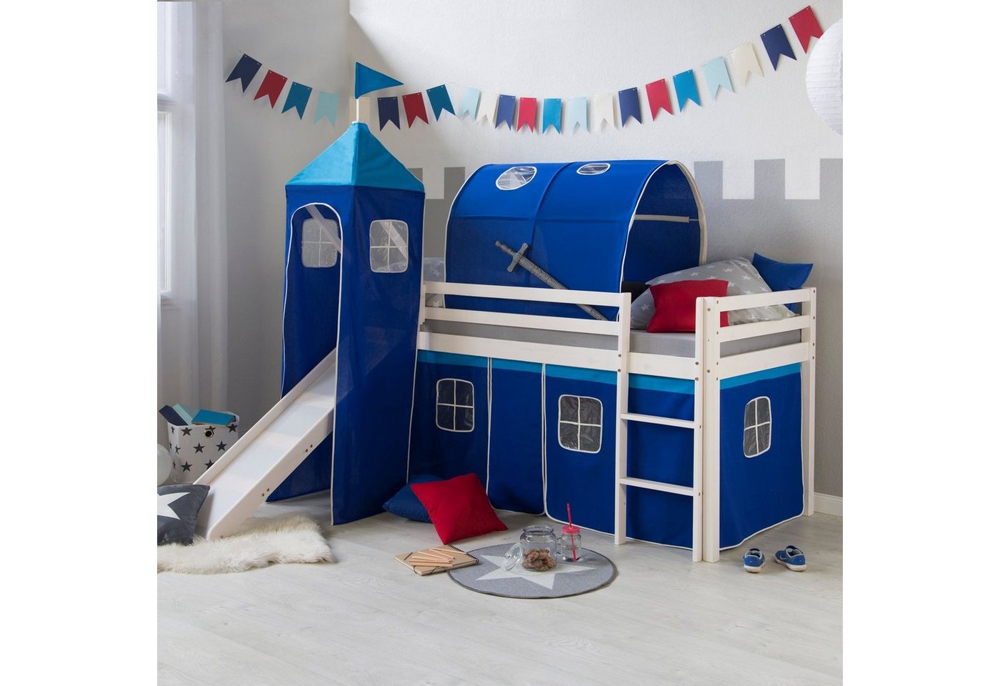 Homestyle4u Hochbett Kinderbett Matratze Rutsche Turm Blau Tunnel von Homestyle4u