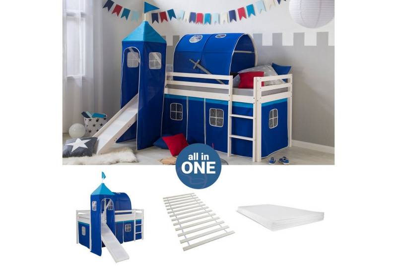 Homestyle4u Hochbett 90x200 cm Stockbett Kinderbett Holz Kiefer Spielbett mit Vorhang, Tunnel, Turm, Rutsche, Lattenrost, Matratze von Homestyle4u