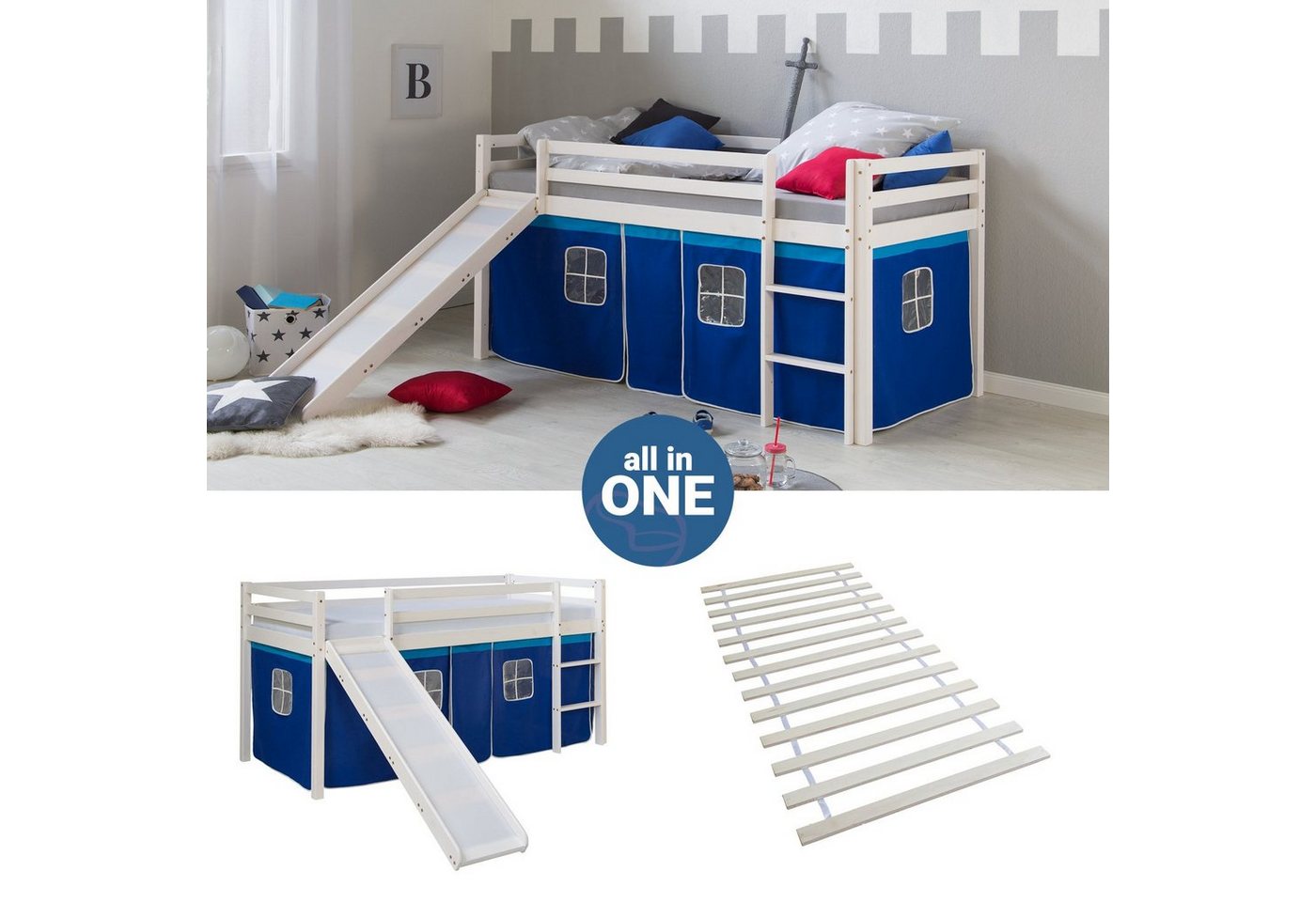 Homestyle4u Hochbett Kinderbett Matratze Rutsche Turm Blau Tunnel von Homestyle4u