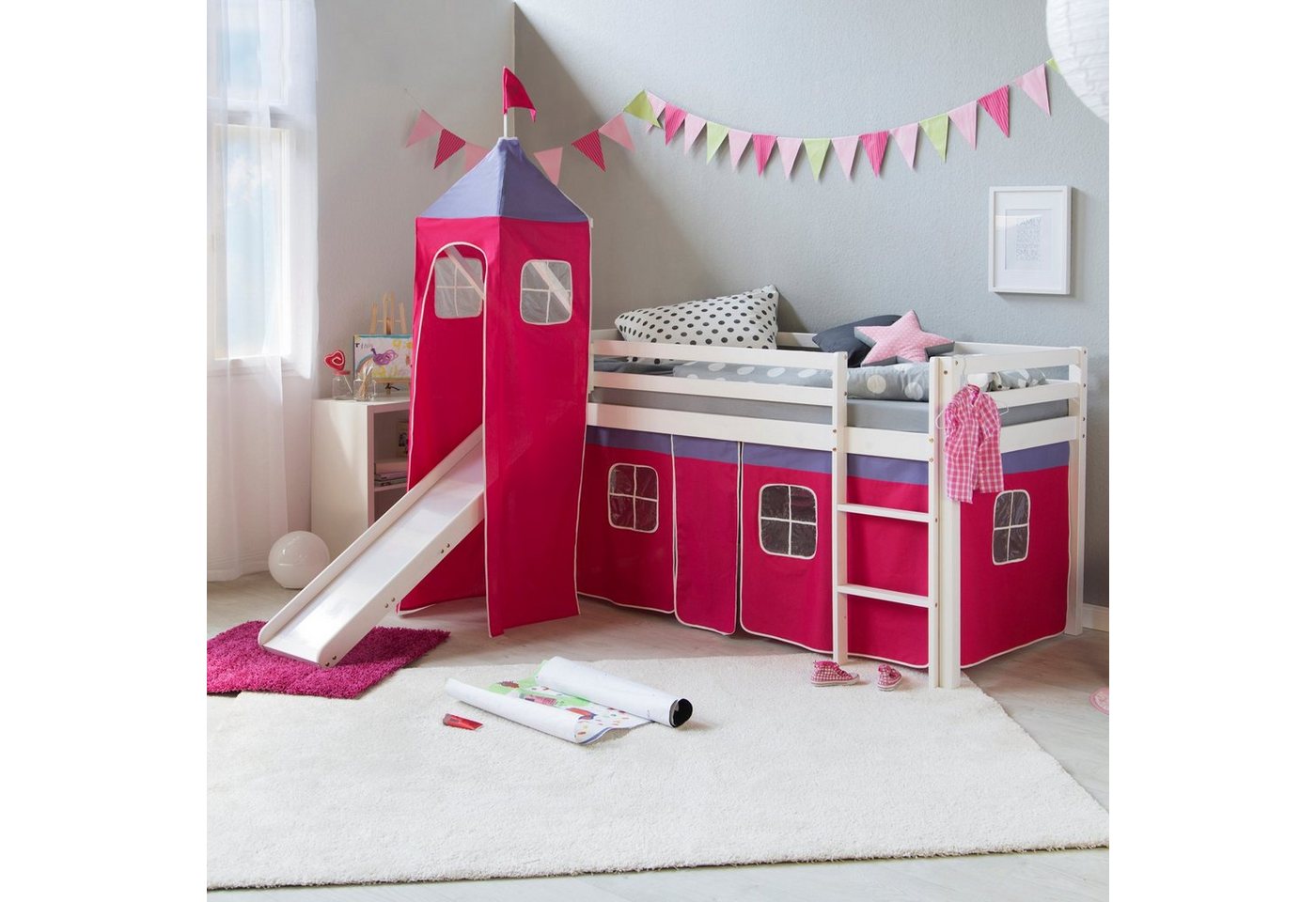 Homestyle4u Hochbett Kinderbett mit Matratze Rutsche Turm Pink Tunnel 90x200 cm von Homestyle4u