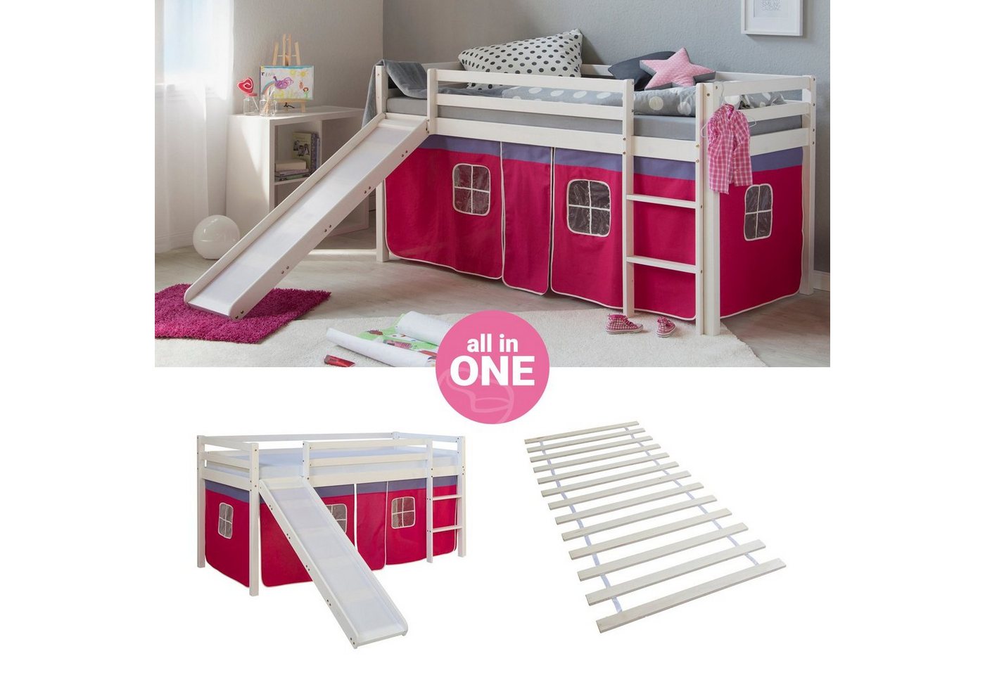 Homestyle4u Hochbett Kinderbett mit Matratze Rutsche Turm Pink Tunnel 90x200 cm von Homestyle4u