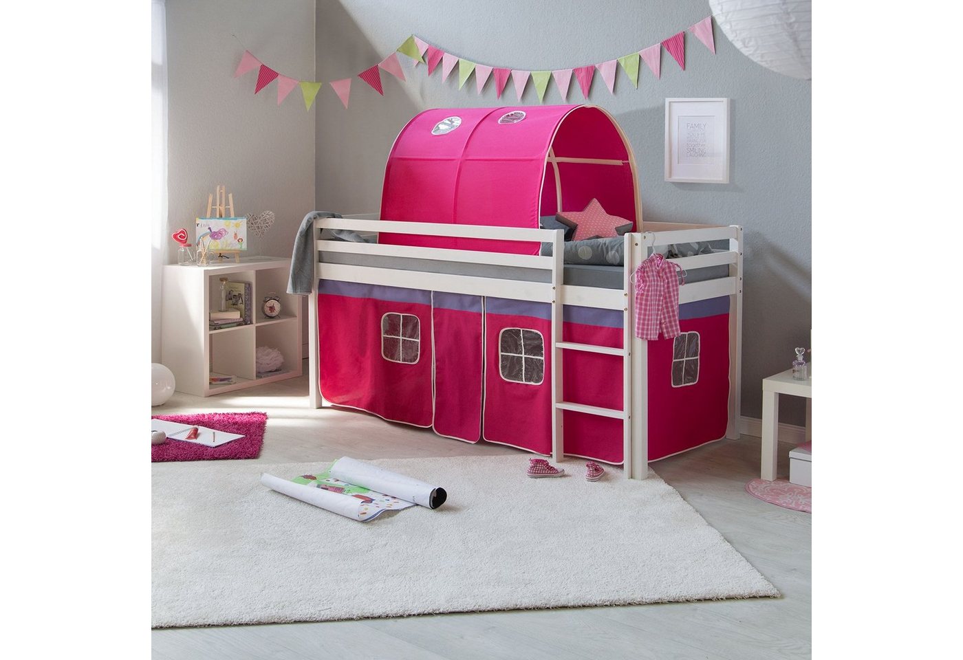 Homestyle4u Hochbett Kinderbett mit Matratze Rutsche Turm Pink Tunnel 90x200 cm von Homestyle4u