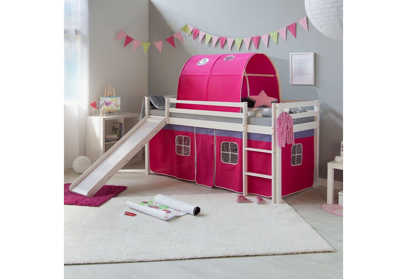 Homestyle4u Hochbett Kinderbett mit Matratze Rutsche Turm Pink Tunnel 90x200 cm von Homestyle4u