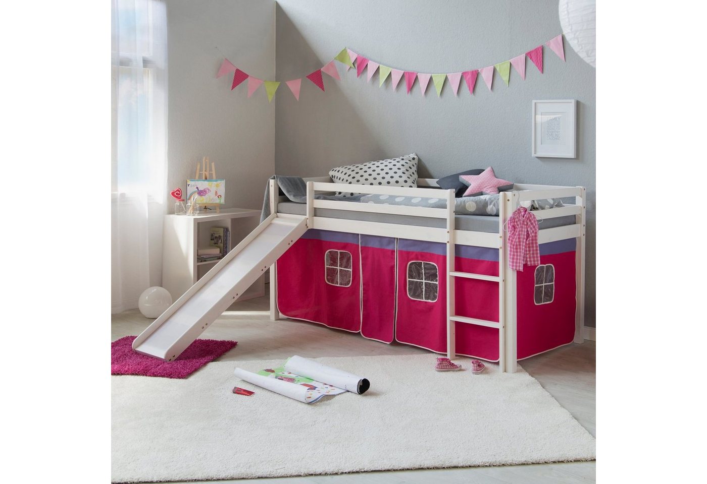 Homestyle4u Hochbett Kinderbett mit Matratze Rutsche Turm Pink Tunnel 90x200 cm von Homestyle4u