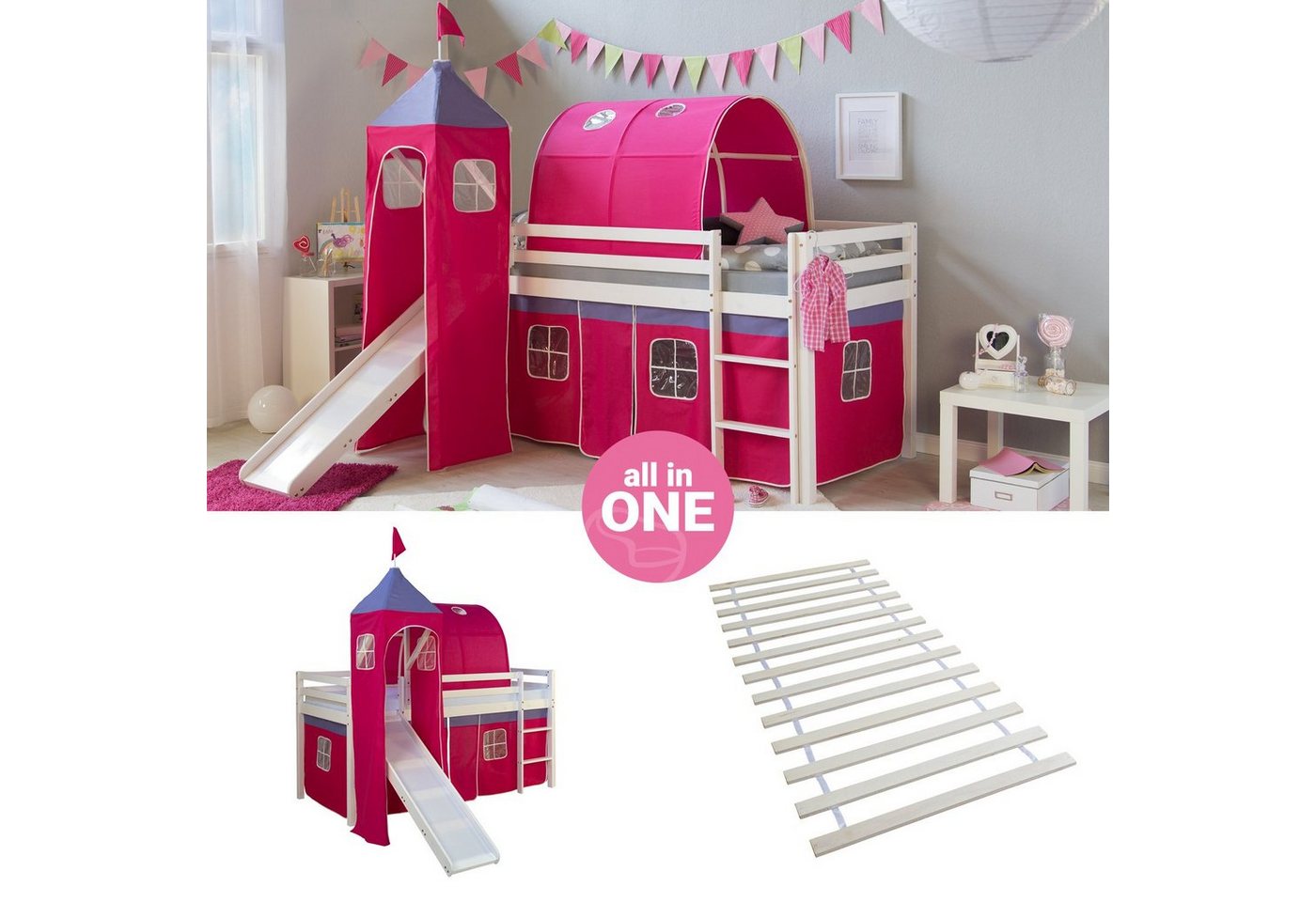 Homestyle4u Hochbett Kinderbett mit Matratze Rutsche Turm Pink Tunnel 90x200 cm von Homestyle4u