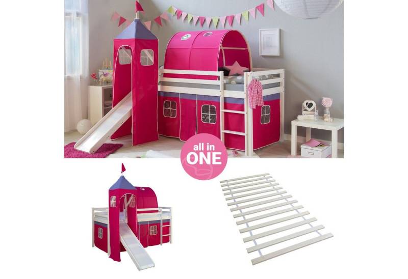 Homestyle4u Hochbett 90x200 cm Kinderbett Weiß mit Vorhang Pink (Set, mit Lattenrost, Rutsche, Tunnel und Turm) Kiefer von Homestyle4u