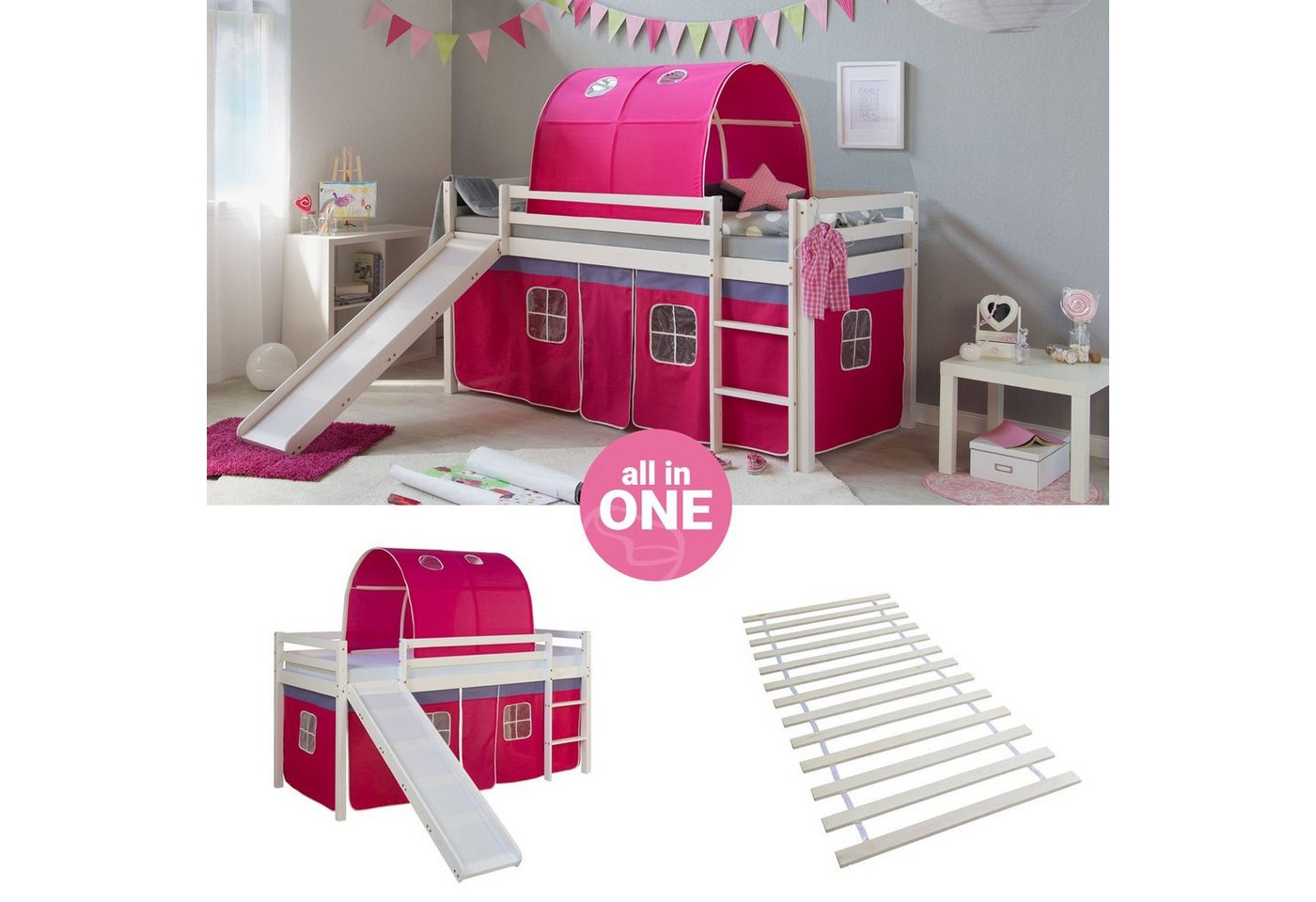 Homestyle4u Hochbett Kinderbett mit Matratze Rutsche Turm Pink Tunnel 90x200 cm von Homestyle4u