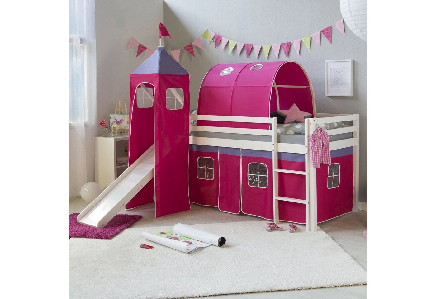 Homestyle4u Hochbett Kinderbett mit Matratze Rutsche Turm Pink Tunnel 90x200 cm von Homestyle4u