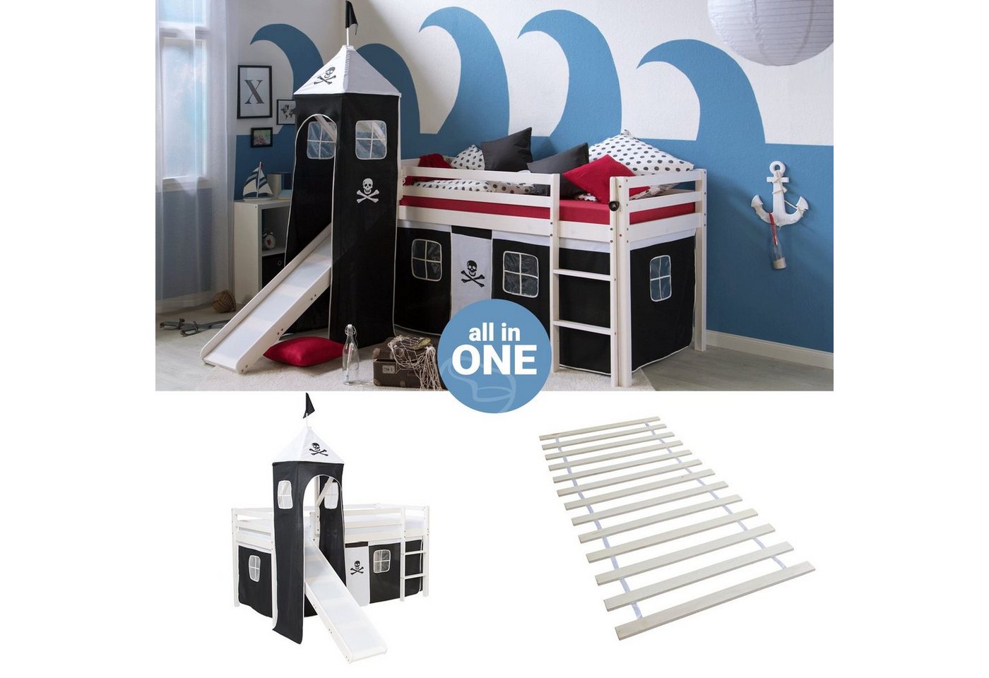 Homestyle4u Hochbett Kinderbett Matratze Rutsche Turm Pirat Tunnel von Homestyle4u