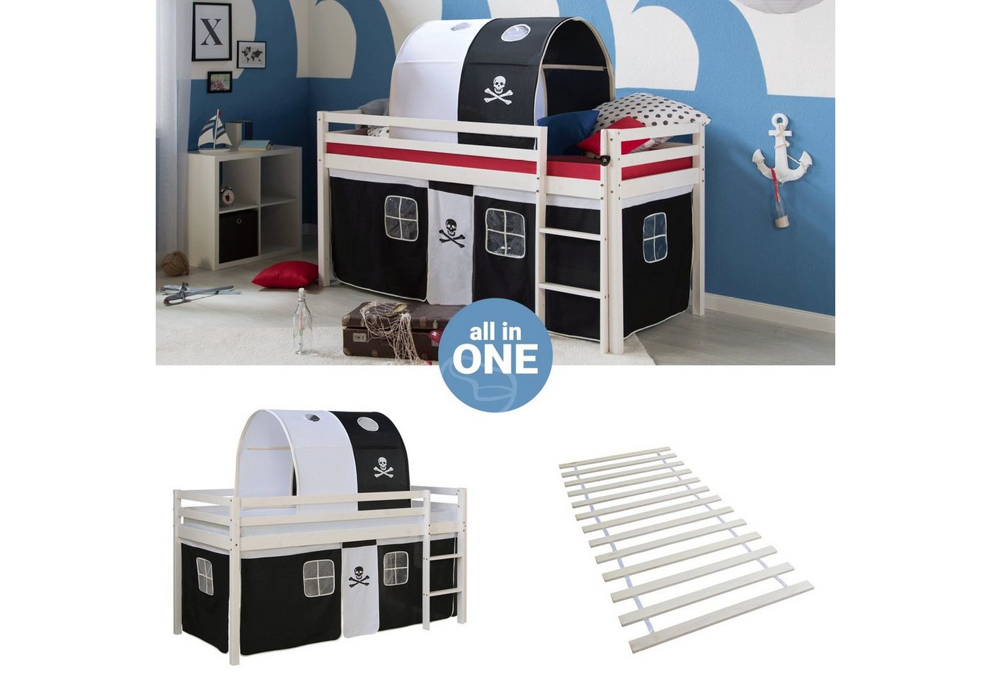 Homestyle4u Hochbett Kinderbett Matratze Rutsche Turm Pirat Tunnel von Homestyle4u