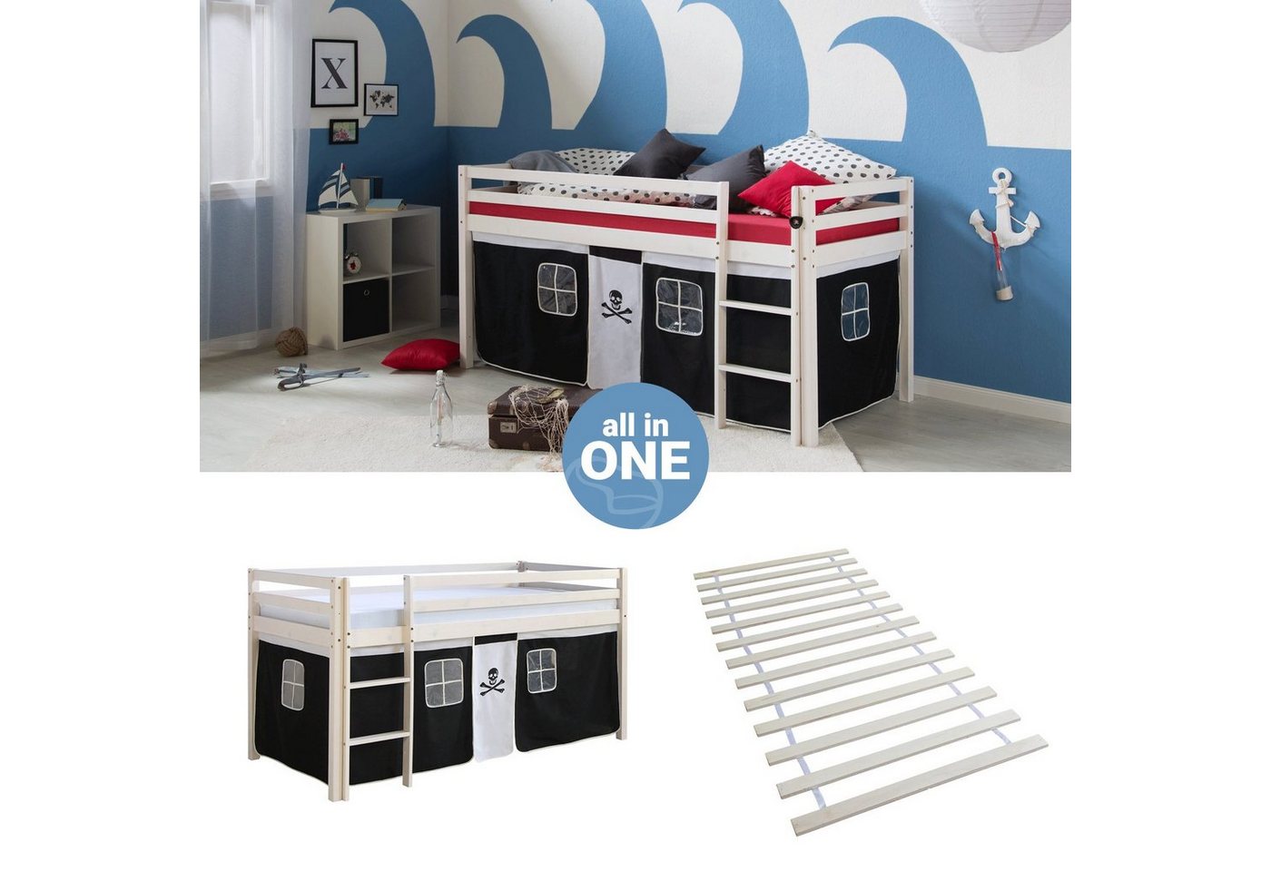 Homestyle4u Hochbett Kinderbett Matratze Rutsche Turm Pirat Tunnel von Homestyle4u