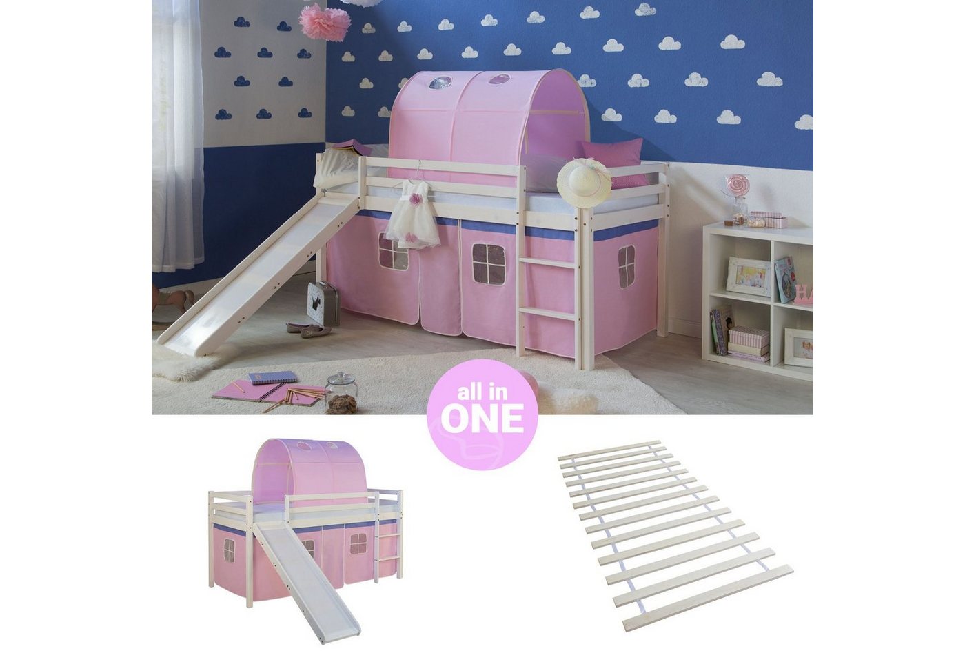 Homestyle4u Hochbett Kinderbett Matratze Rutsche Turm Rosa Tunnel von Homestyle4u