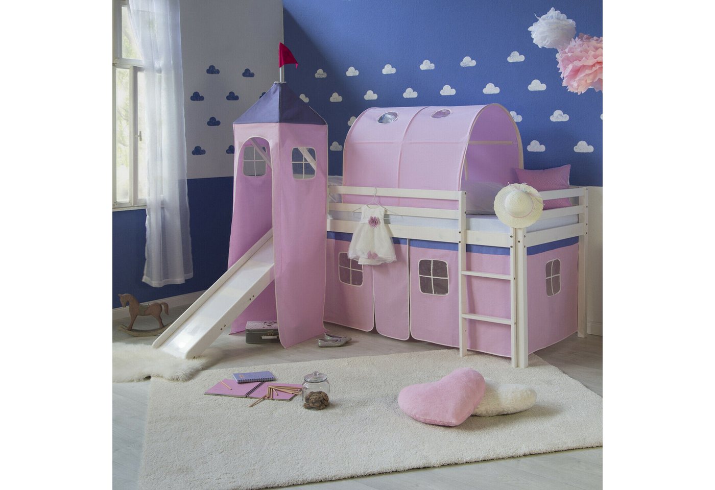 Homestyle4u Hochbett Kinderbett mit Leiter und Vorhang Weiß Rosa Holz Treppe Kinder (Set, mit Rutsche, Tunnel und Turm) Kiefer Homestyle4u Hochbett Kinderbett mit Leiter und Vorhang Weiß Rosa Holz Treppe Kinder (Set, mit Rutsche, Tunnel und Turm) Kiefer von Homestyle4u