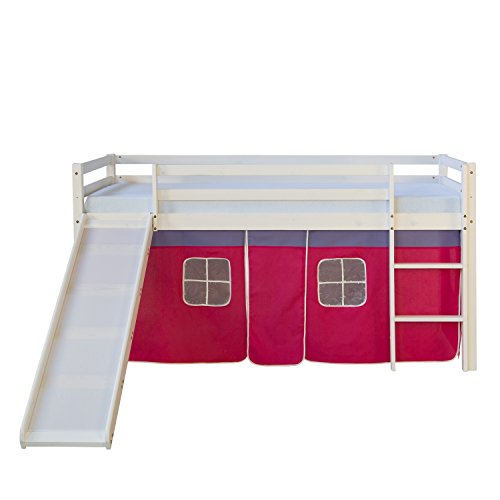 Homestyle4u 540, Kinderbett 90x200 cm Weiß Holz Kiefer Kinder Hochbett mit Rutsche Vorhang Pink von Homestyle4u