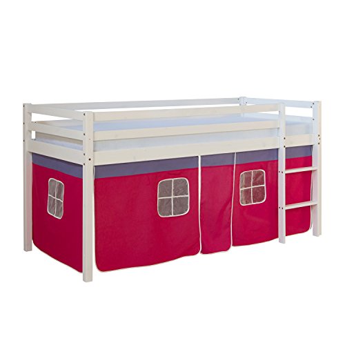 Homestyle4u Kinderbett 90x200 Weiß Hochbett mit Treppe Vorhang Pink Bettgestell Massivholz Kiefer Kinderzimmer von Homestyle4u