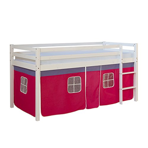 Homestyle4u 538, Kinder Hochbett Mit Leiter, Vorhang Pink, Massivholz Kiefer Weiß, 90x200 cm von Homestyle4u