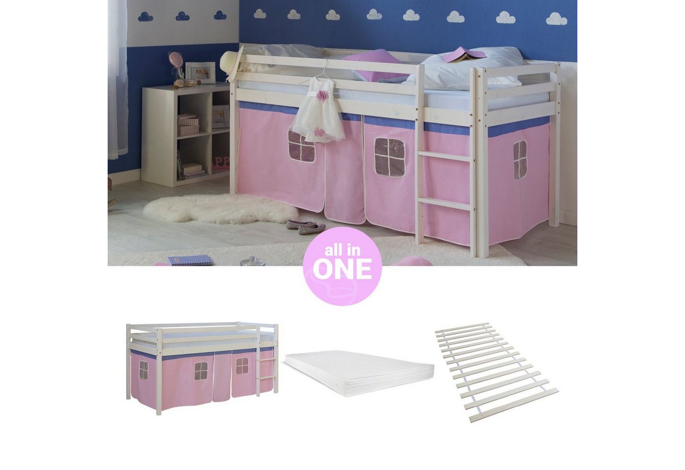 Homestyle4u Hochbett Kinderbett mit Leiter und Vorhang Weiß Rosa Holz Treppe Kinder (Set, mit Lattenrost und Matratze) Kiefer Homestyle4u Hochbett Kinderbett mit Leiter und Vorhang Weiß Rosa Holz Treppe Kinder (Set, mit Lattenrost und Matratze) Kiefer von Homestyle4u