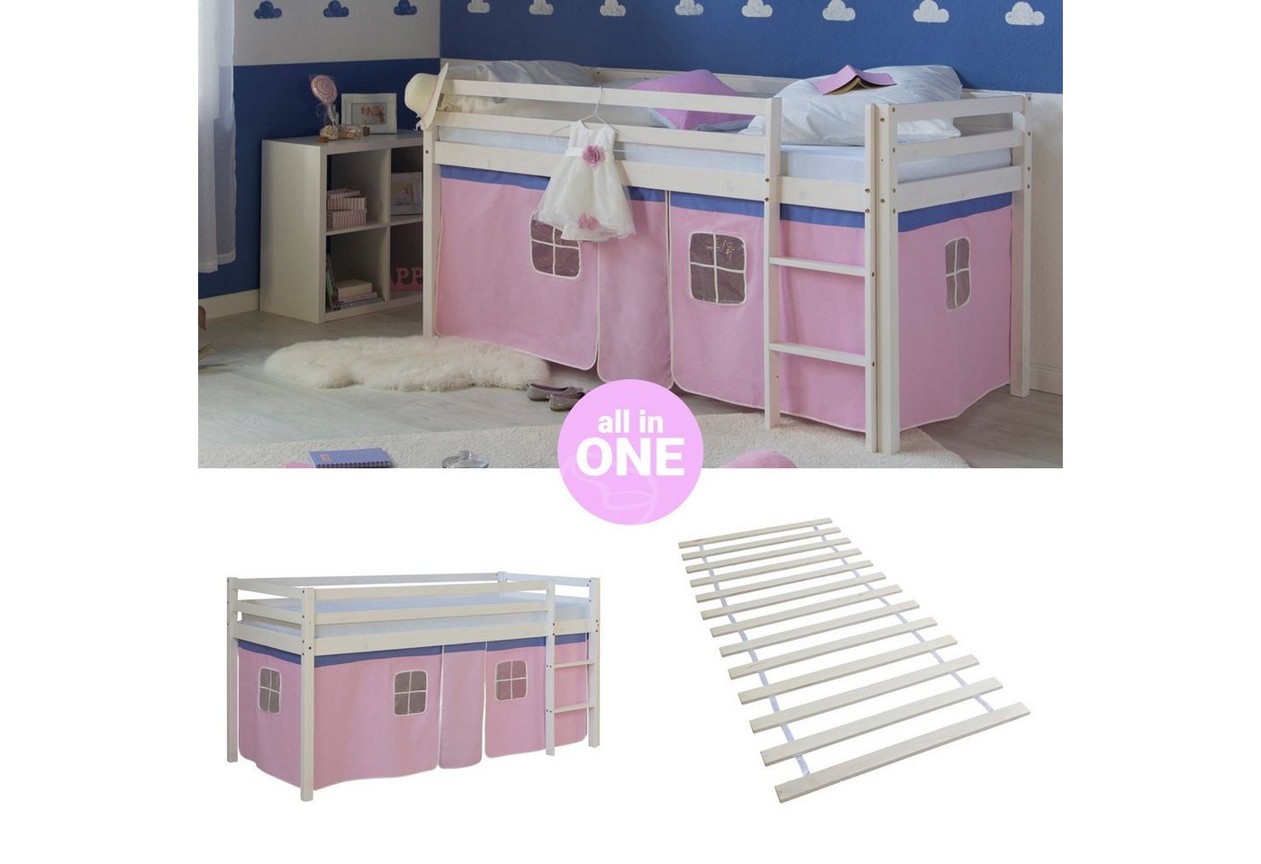 Homestyle4u Hochbett Kinderbett mit Leiter und Vorhang Weiß Rosa Holz Treppe Kinder (Set, mit Lattenrost) Kiefer, Jungen Mädchen von Homestyle4u