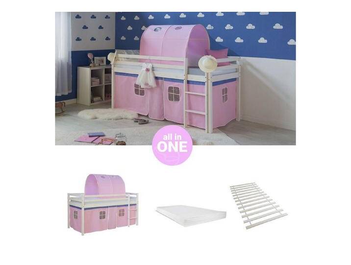 Homestyle4u Hochbett Kinderbett mit Leiter und Vorhang Weiß Rosa Holz Treppe Kinder (Set, mit Lattenrost, Matratze, Tunnel) Kiefer, weiß von Homestyle4u