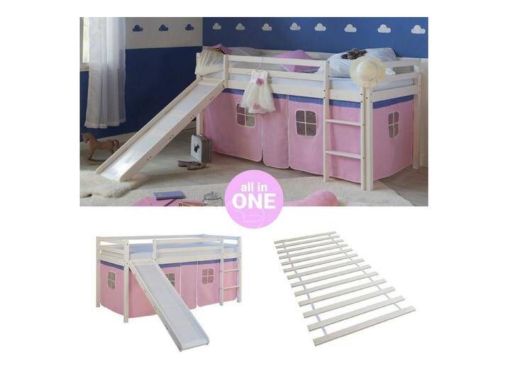 Homestyle4u Hochbett Kinderbett mit Leiter und Vorhang Weiß Rosa Holz Treppe Kinder (Set, mit Lattenrost, Rutsche) Kiefer, weiß, Mit Lattenrost von Homestyle4u