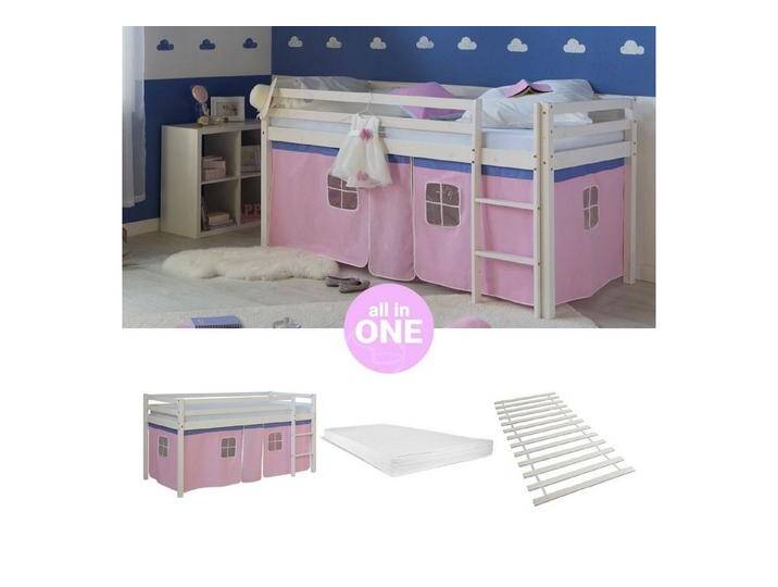 Homestyle4u Hochbett Kinderbett mit Leiter und Vorhang Weiß Rosa Holz Treppe Kinder (Set, mit Lattenrost und Matratze) Kiefer, weiß, mit Lattenrost von Homestyle4u