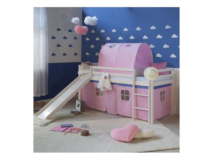 Homestyle4u Hochbett Kinderbett mit Leiter und Vorhang Weiß Rosa Holz Treppe Kinder (Set, mit Rutsche und Tunnel) Kiefer, weiß, mit Rutsche von Homestyle4u