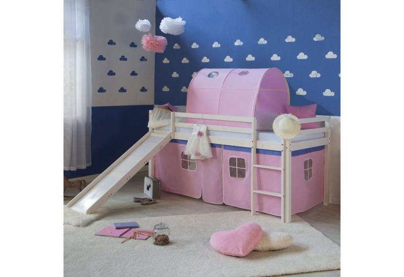 Homestyle4u Hochbett Kinderbett mit Leiter und Vorhang Weiß Rosa Holz Treppe Kinder (Set, mit Rutsche und Tunnel) Kiefer, Jungen Mädchen von Homestyle4u
