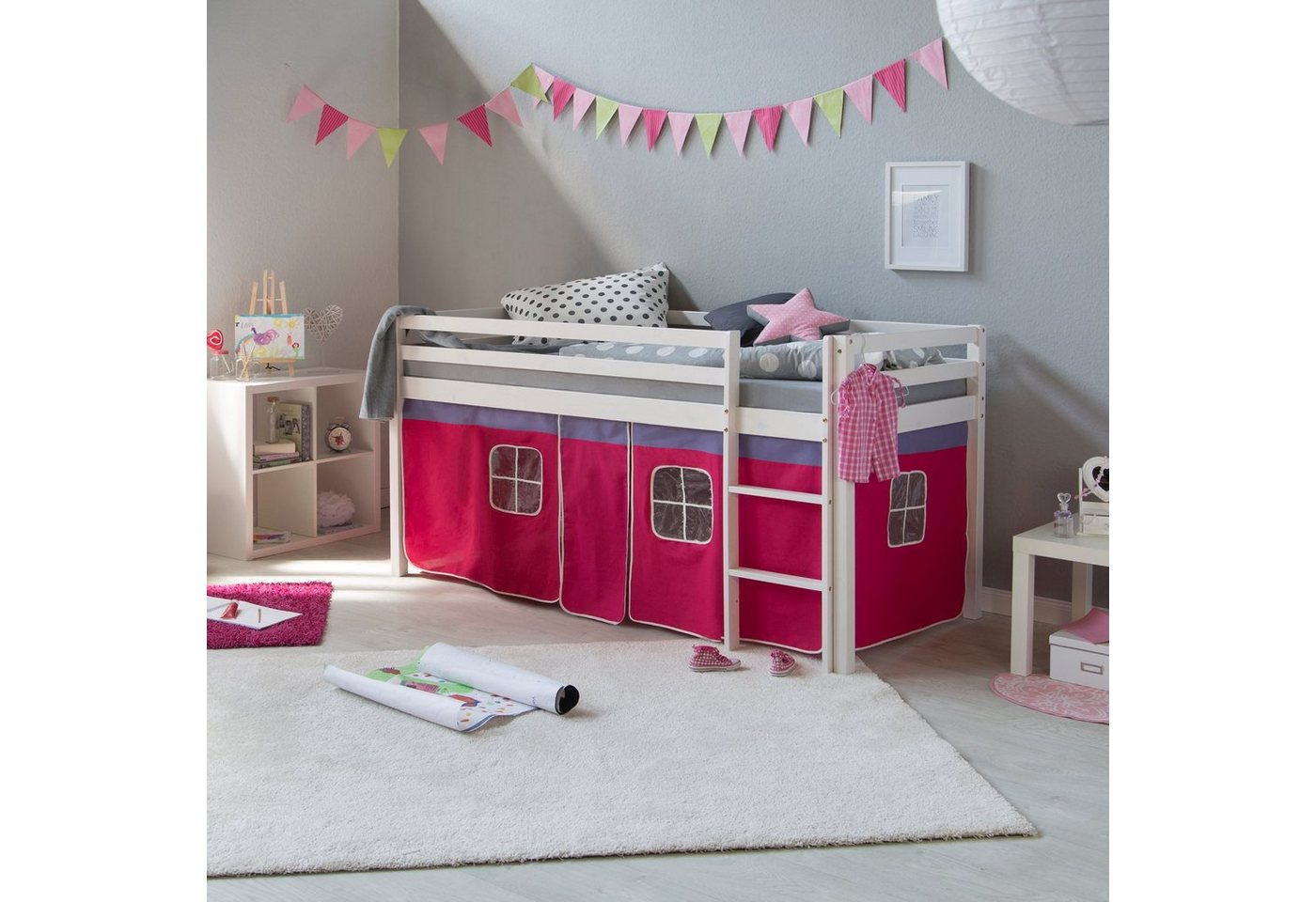 Homestyle4u Hochbett Kinderbett mit Matratze Rutsche Turm Pink Tunnel 90x200 cm von Homestyle4u