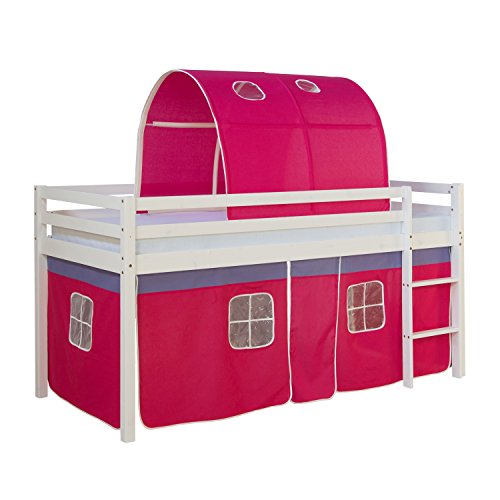 Homestyle4u 1561, Kinder Hochbett Mit Leiter, Tunnel, Vorhang Pink, Massivholz Kiefer Weiß, 90x200 cm von Homestyle4u
