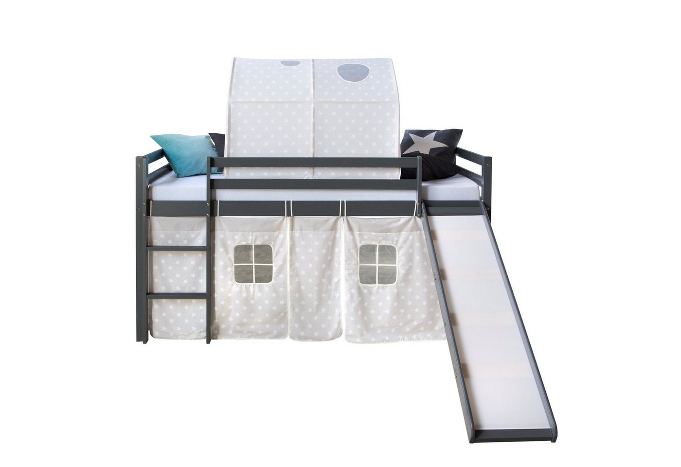 Homestyle4u Hochbett 90x200 cm Weiß mit Vorhang Sterne Grau Spielbett für 1 Kind Holz Homestyle4u Hochbett 90x200 cm Weiß mit Vorhang Sterne Grau Spielbett für 1 Kind Holz von Homestyle4u