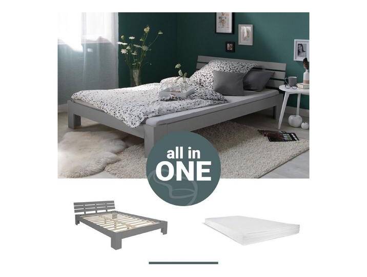 Homestyle4u Holzbett 120x200 Doppelbett Bett Grau mit Kopfteil Holz massiv (Set, mit Lattenrost und Matratze), Kiefer, grau von Homestyle4u