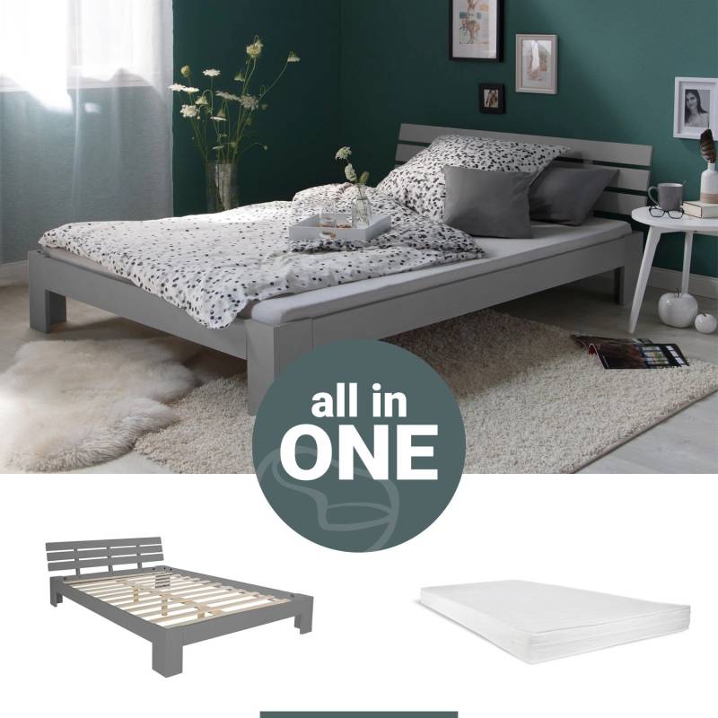 Homestyle4u Holzbett 120 x 200 cm mit Lattenrost und Matratze in Grau 2261 von Homestyle4u